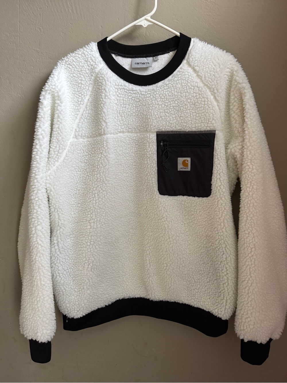 Carhartt White Sherpa Fleece Pullover with Black Trim and Pocket